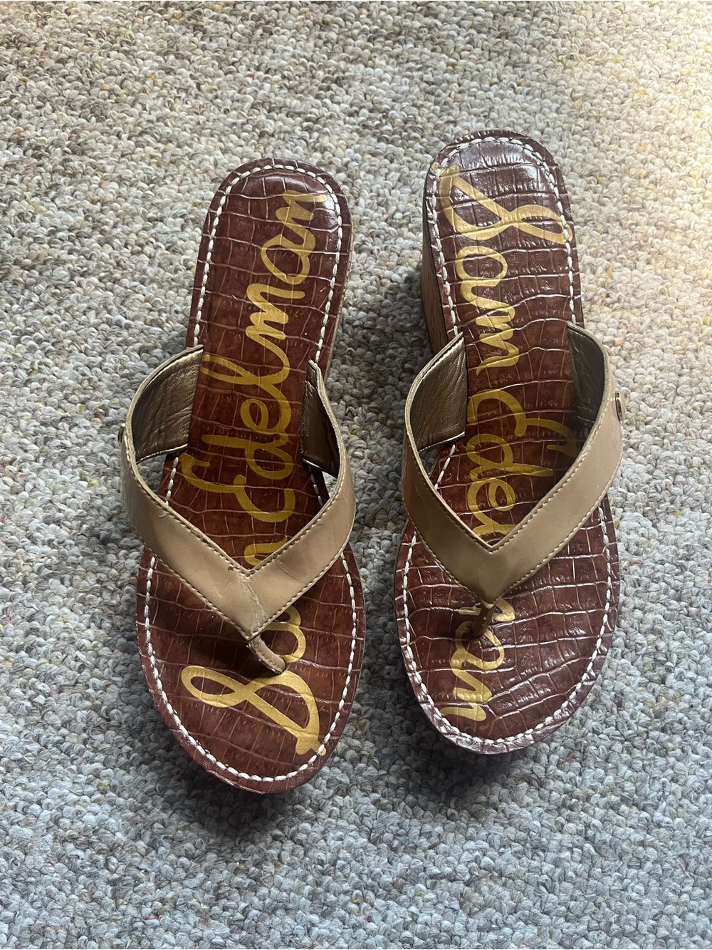 Sam Edelman Beige Thong Sandals with Brown Croc Footbed Wedges